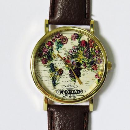 The World In Full Bloom Map Floral Watch, Vintage..
