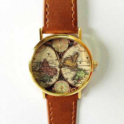 Map Watch, Vintage Style Leather Watch, Women..