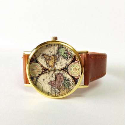 Map Watch, Vintage Style Leather Watch, Women..
