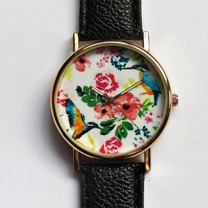Hummingbird And Tropical Floral Watch, Vintage..