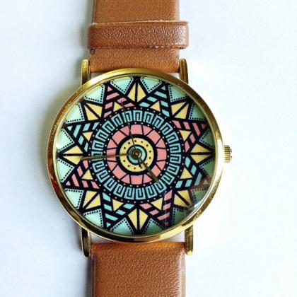 Aztec Watch, Vintage Style Leather Watch, Pastels,..