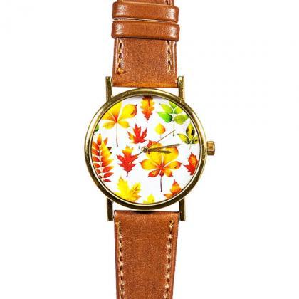 Autumn Fall Leaves Watch, Vintage Style Leather..