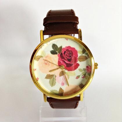 Floral Watch, Rose Watch, Vintage Style Watch, Victorian, Leather Watch ...