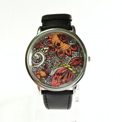 Paisley And Floral Watch, Vintage Style Leather..
