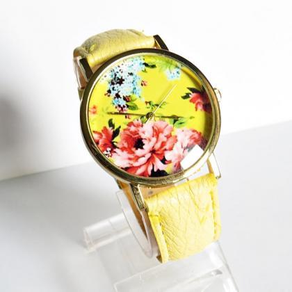 Floral Watch, Vintage Style Leather Watch, Women..