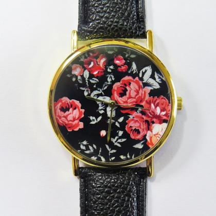 Vintage Red Roses On Black Watch, Floral Watch,..