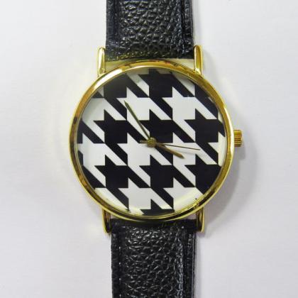 Black And White Houndstooth Watch , Vintage Style..