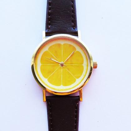 Lemon Slice Fruit Watch , Vintage Style Leather..