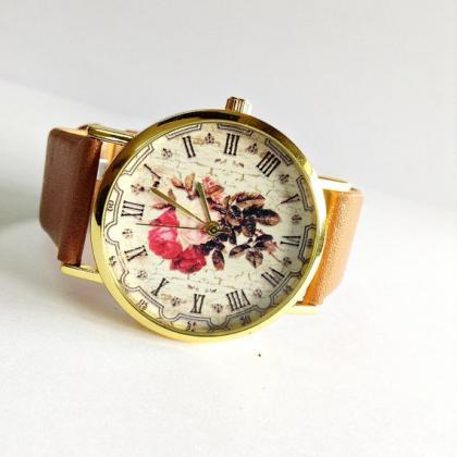 Floral Watch, Vintage Style Leather Watch, Women..