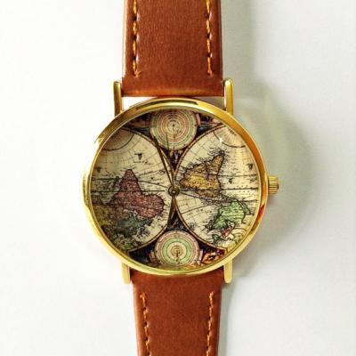 Map Watch, Vintage Style Leather Watch, Women Watches, Boyfriend Watch, World Map, Men's Watch, Silver and Gold Case