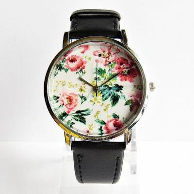 Spring Time Floral Watch, Vintage Style Leather Watch, Women Watches, Unisex Watch, Boyfriend Watch