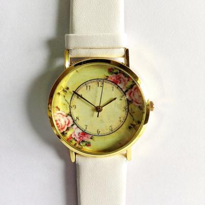 Floral Watch, Vintage Style Leather Watch, Women Watches, Boyfriend Watch, Black, Tan, White