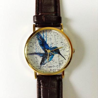 Vintage Hummingbird Watch, Vintage Style Leather Watch, Vintage Map Print, Women Watches, Mens Watch, Boyfriend Watch, Unisex, Brown