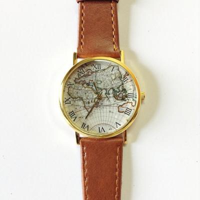 Map Watch, Vintage Style Leather Watch, Women Watches,, Boyfriend Watch, World Map, Tan