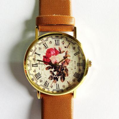 Floral Watch, Vintage Style Leather Watch, Women Watches, Boyfriend Watch