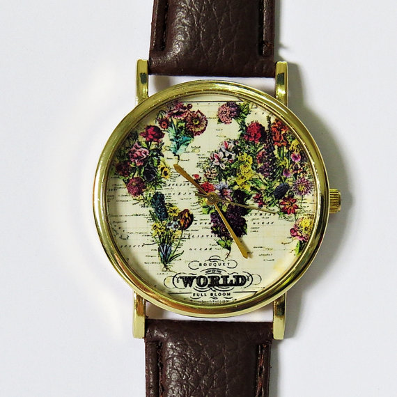 The World In Full Bloom Map Floral Watch, Vintage Style Leather Watch, Women Watches,mens Watch, Boyfriend Watch