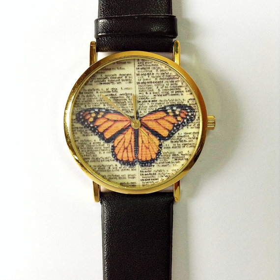 Butterfly Watch , Vintage Dictionary Print, Vintage Style Leather Watch, Women Watches, Unisex , Boyfriend Watch, Orange Butterlfy, Black