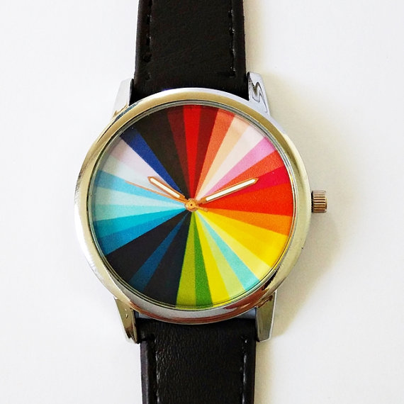 Color Wheel Watch , Vintage Style Leather Watch, Mens Watch, Women Watches, Boyfriend Watch