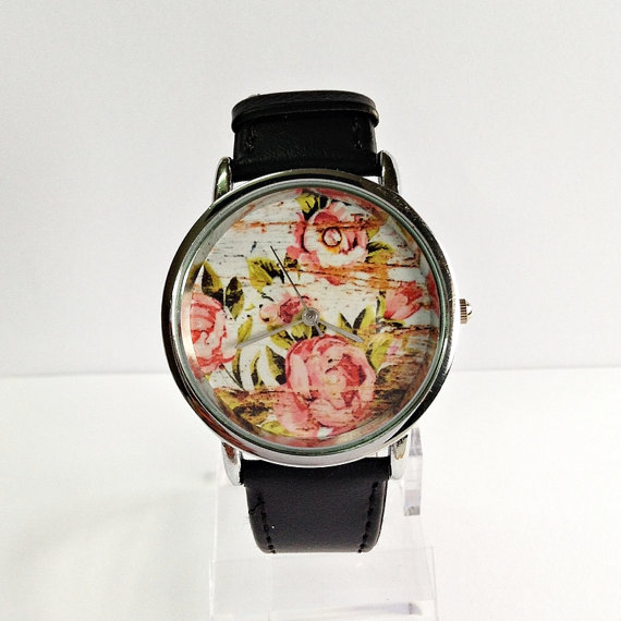 Floral On Wood Watch, Vintage Style Watch, Shabby Chic, Leather Watch, Women's Watch