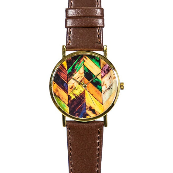 Autumn Wood Chevron Watch, Vintage Style Leather Watch, Men's Watch, Women Watches, Boyfriend Watch