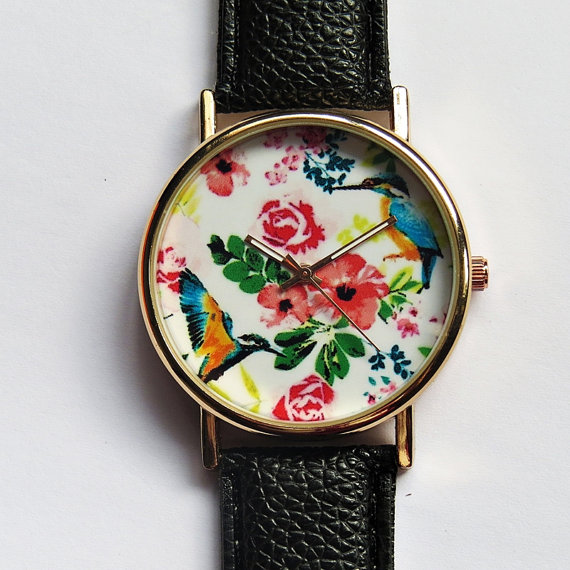 Hummingbird And Tropical Floral Watch, Vintage Style Leather Watch, Women Watches, Unisex Watch, Boyfriend Watch, Black, Tan, Rose Gold