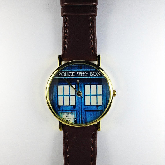 Doctor Who Watch, Tardis, Vintage Style Leather Watch, Mens Watch, Women Watches, Boyfriend Watch, Phone Booth, Brown