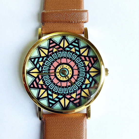 Aztec Watch, Vintage Style Leather Watch, Pastels, Women Watches, Unisex Watch, Boyfriend Watch, Tan