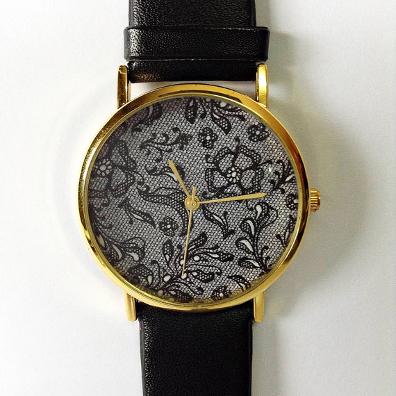 Vintage Lace Floral Watch , Vintage Style Leather Watch, Women Watches, Boyfriend Watch, Black Lace Print, Black