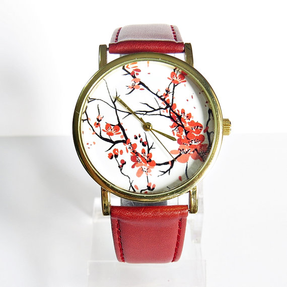 Cherry Blossoms Floral Watch, Vintage Style Leather Watch, Women Watches, Boyfriend Watch, Genuine Leather