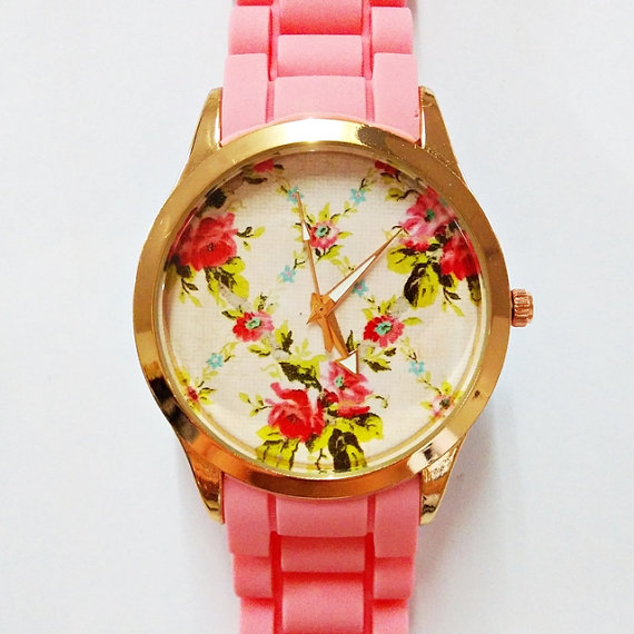 Prettier In Pink Floral Watch, Women Watches, Fashion Watch, Boyfriend Watch, Rose Gold