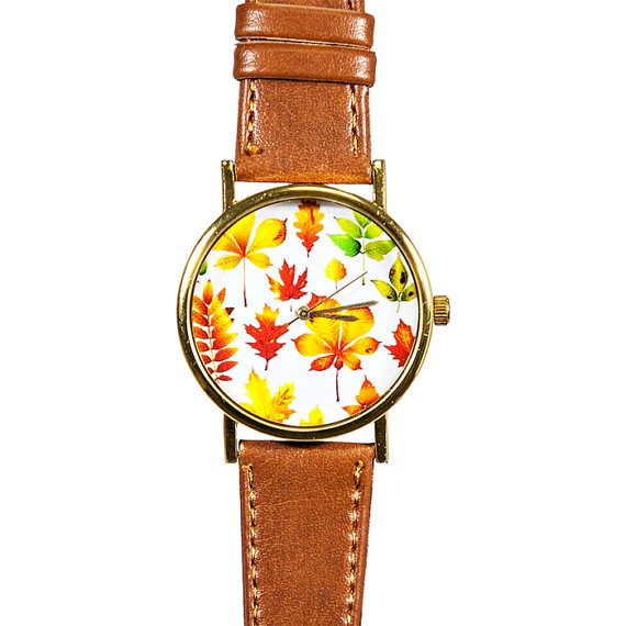 Autumn Fall Leaves Watch, Vintage Style Leather Watch, Women Watches, Boyfriend Watch, Unisex