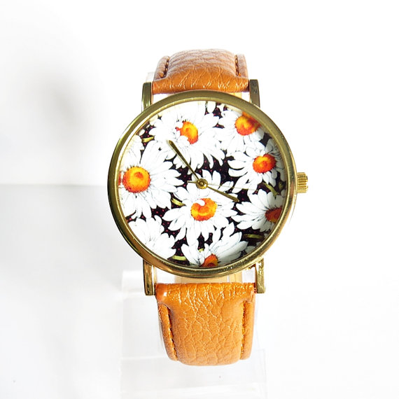 Daisy Floral Watch, Vintage Style Leather Watch, Women Watches, Boyfriend Watch, Florals