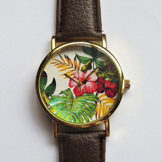 Tropical Floral Watch , Hibiscus Flowers, Vintage Style Leather Watch, Women Watches, Boyfriend Watch