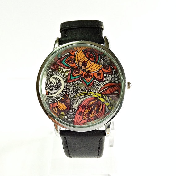 Paisley And Floral Watch, Vintage Style Leather Watch, Women Watches, Unisex Watch, Boyfriend Watch