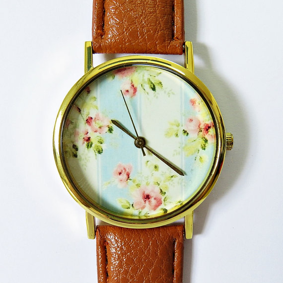 Grandma's Wallpaper Floral Watch, Vintage Style Leather Watch, Women Watches, Boyfriend Watch, Ladies Watch