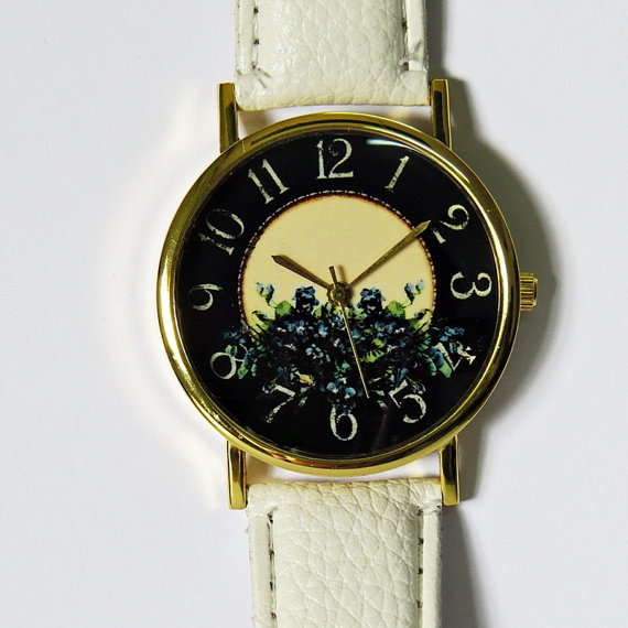 Floral Watch , Vintage Style Leather Watch, Women Watches, Blue Flowers, Boyfriend Watch