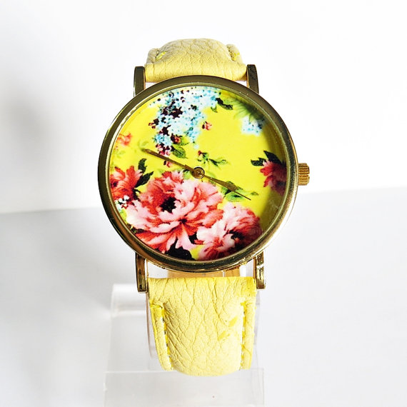 Floral Watch, Vintage Style Leather Watch, Women Watches, Boyfriend Watch, Yellow