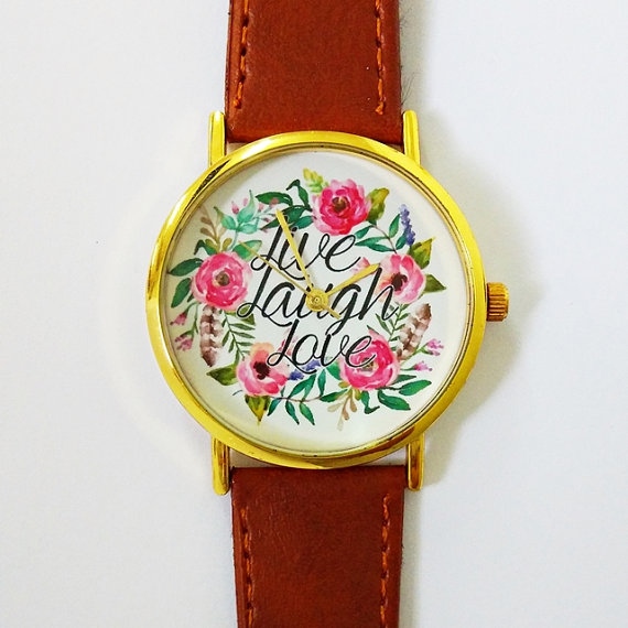Live Laugh Love Floral Watch , Vintage Style Leather Watch, Women Watches, Boyfriend Watch , Watercolor , Calligraphy