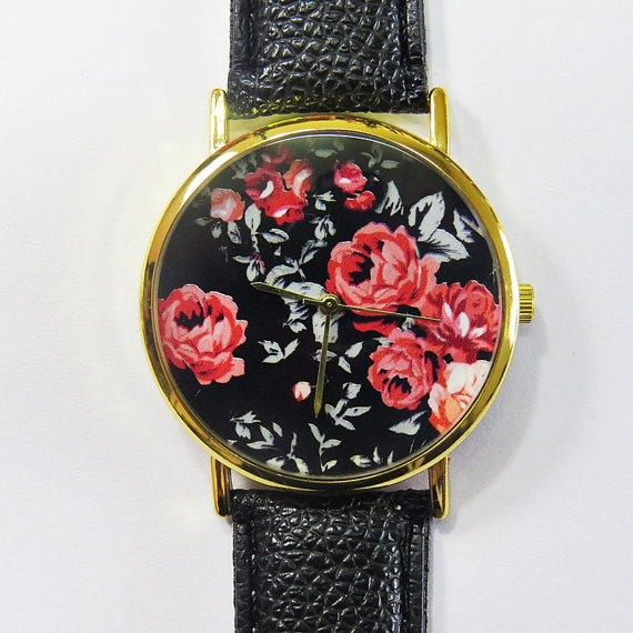 Vintage Red Roses On Black Watch, Floral Watch, Leather Watch, Women Watches, Boyfriend Watch, Ladies Watch
