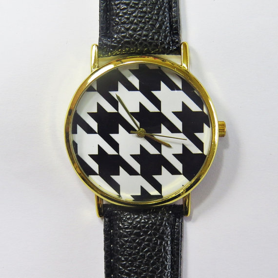 Black And White Houndstooth Watch , Vintage Style Leather Watch, Women Watches, Unisex Watch, Boyfriend Watch