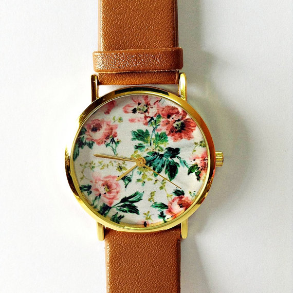 Original Freeforme Floral Watch, Vintage Style Leather Watch, Women Watches, Unisex Watch, Boyfriend Watch, Black, Tan