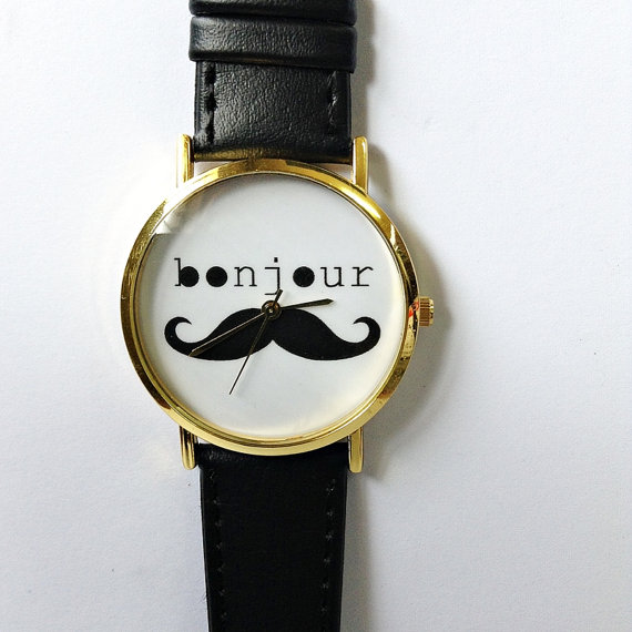 Bonjour Moustache Watch, Vintage Style Leather Watch, Women Watches, Unisex Watch, Boyfriend Watch Black