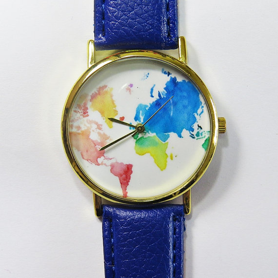 Colored Map Watch , Vintage Style Leather Watch, Women Watches, Unisex Watch, Boyfriend Watch, Men's Watch, Ladies Watch